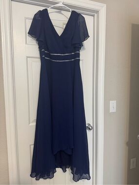 Ever Pretty Navy Chiffon High-Low Evening Gown with Beaded Waist